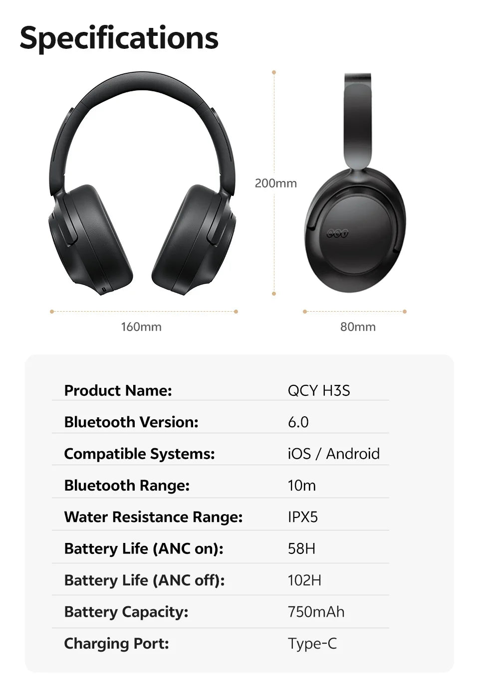 QCY H3S Wireless Headphones Bluetooth 6.0 Noise Canceling -56dB Over Ear Earphone Hi-Res Spatial Audio Dual Driver Headset 102H