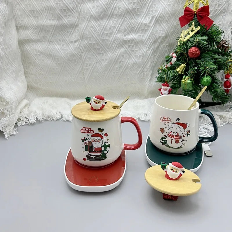 Christmas gift set: 55-degree warm ceramic cup with lid, Santa Claus mug, office coffee cup