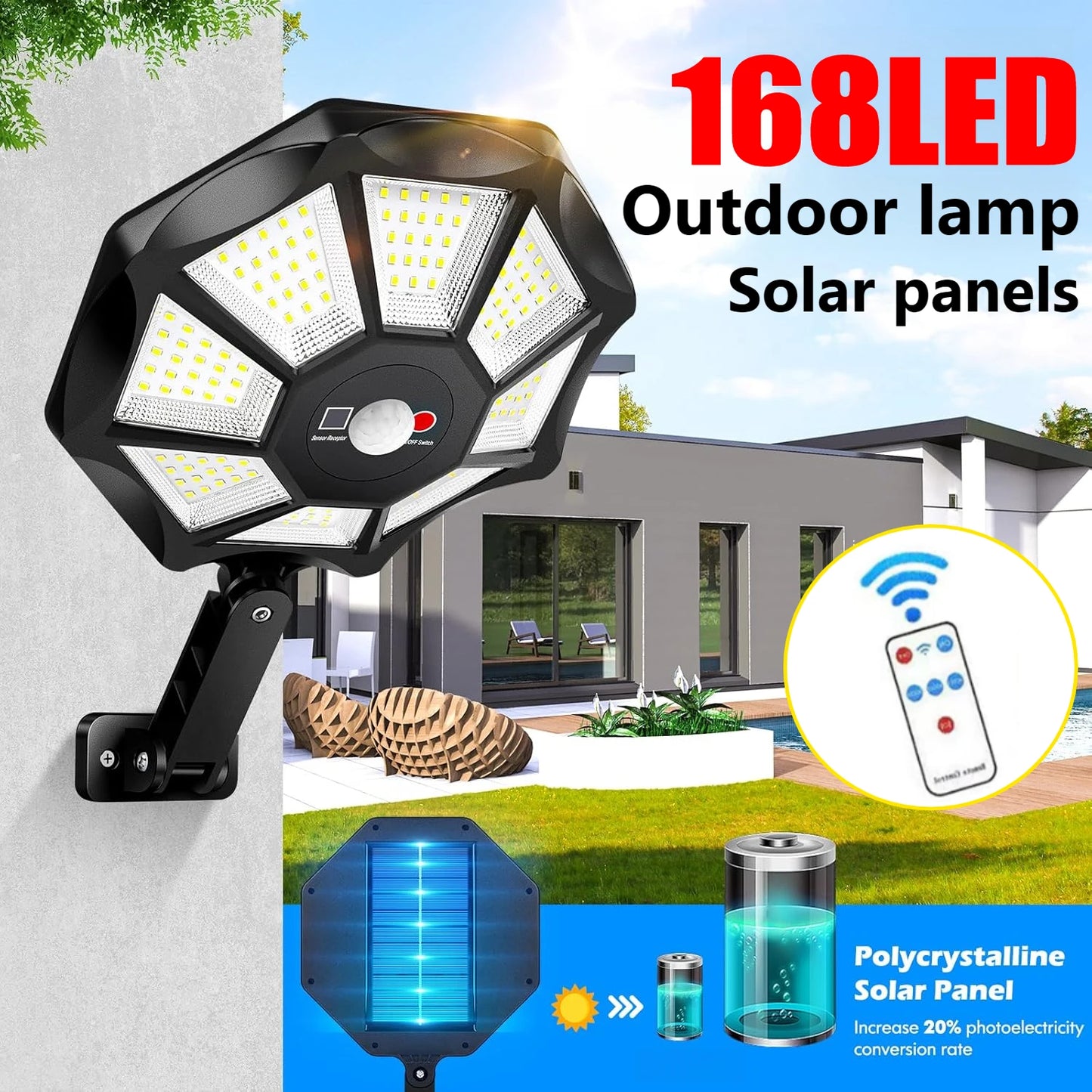 Solar Powered Street Light with Remote Motion Sensor Solar Outdoor Lights 6500K 168 LED Flood Lights for Outside Parking Yard