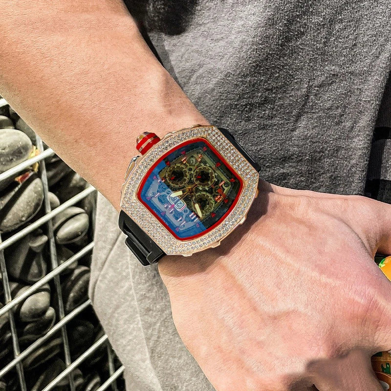 New Men's Hengbo Long European and American Hollow Star Diamond Fashion Barrel-Shaped Three-Eye Six-Hand Business Quartz Watch