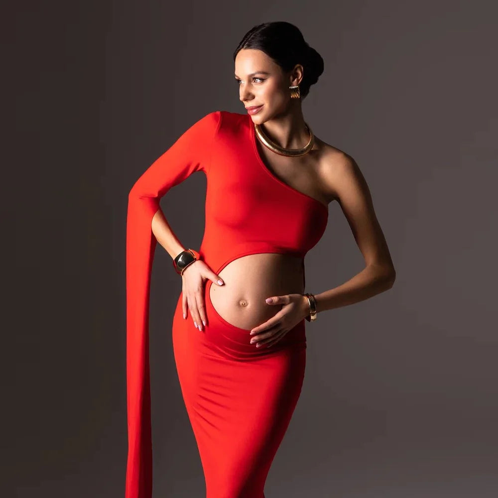 Maternity Dresses For Baby Showers Sexy Hollow Out Design Red Dress One Shoulder Extra Long Sleeves Photography Dress For Women