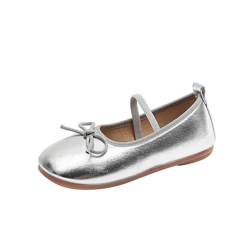2025 New Kids Shoes Childrens Bowknot Princess Shoes Girls Flat Leather Shoes Gold Silver Red Spring Autumn For 3-10T