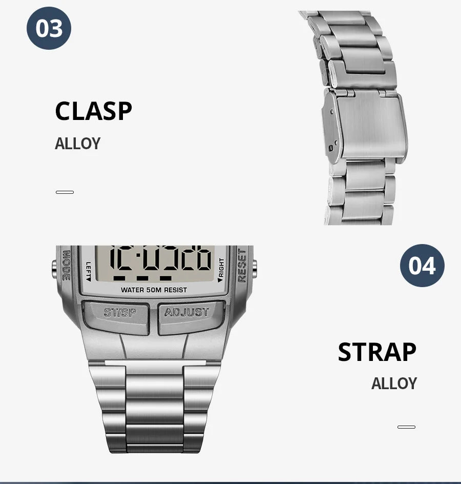 Mens Sports Digital Waterproof Watch, Multifunctional Wrist Watches For Men, Plastic Case Alloy Strap