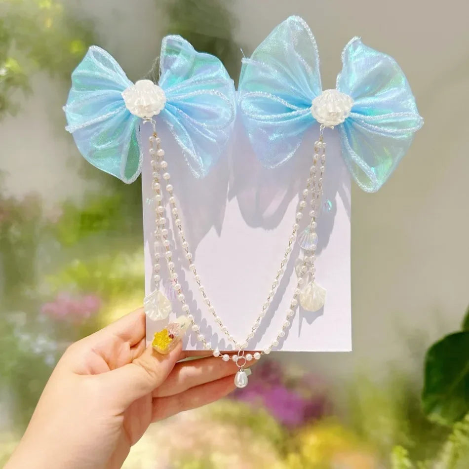 Baby Girls Cute Mermaid Princess Pearl Tassel Bow Forehead Chain Hair Clip Children Hair Accessories Girls Super Hair Clip TM04
