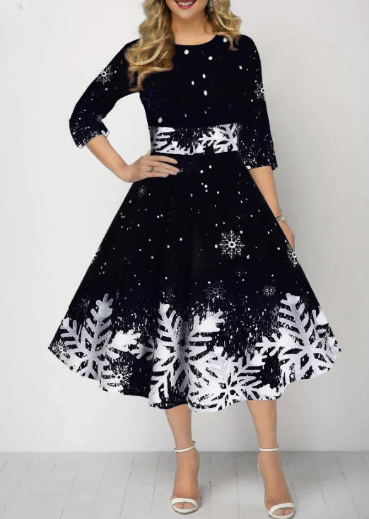 Winter Christmas Dresses Women Vintage Robe Swing Elegant Half Sleeve Casual Print Party Dress