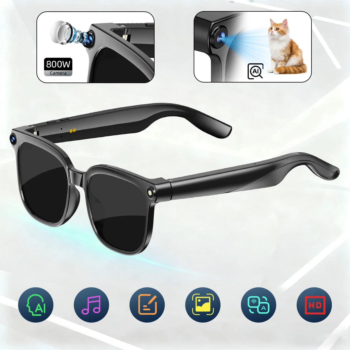2025 800W Camera Smart Glasses  AI Translation ChatGPT Voice Assistant BT Call Music Earphones Video Recording for iPhone Xiaomi