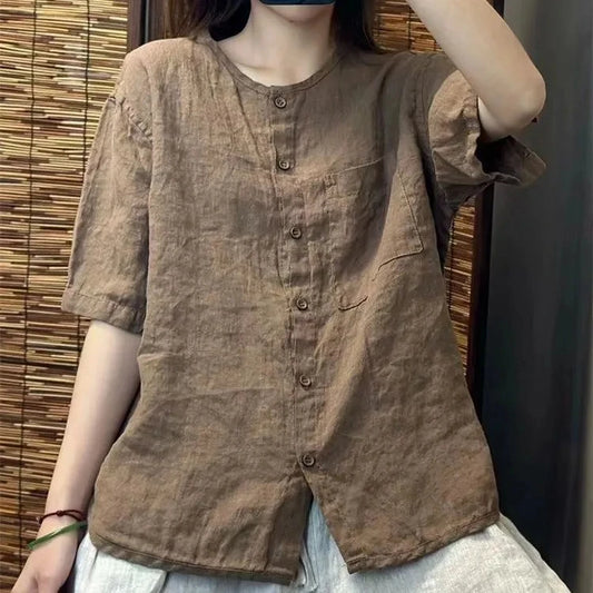 Chiffon Cotton Linen round Neck T-shirt Women Summer New Vintage Art Loose Shirt  Open Cardigan Top 2025 Short Shirt For Women