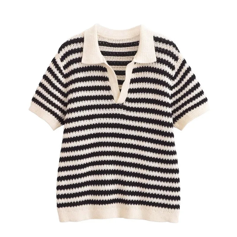 2025 Women’s Striped Knit Cotton T-Shirt Polo Collar Short Sleeve Casual Spring Summer Daily Street Weekend Wear