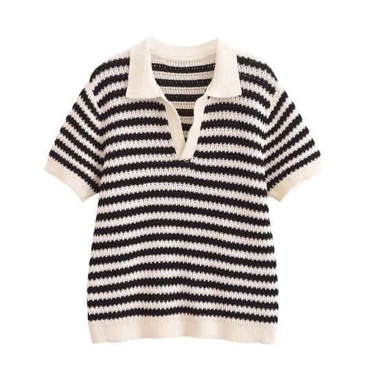 2025 Women’s Striped Knit Cotton T-Shirt Polo Collar Short Sleeve Casual Spring Summer Daily Street Weekend Wear