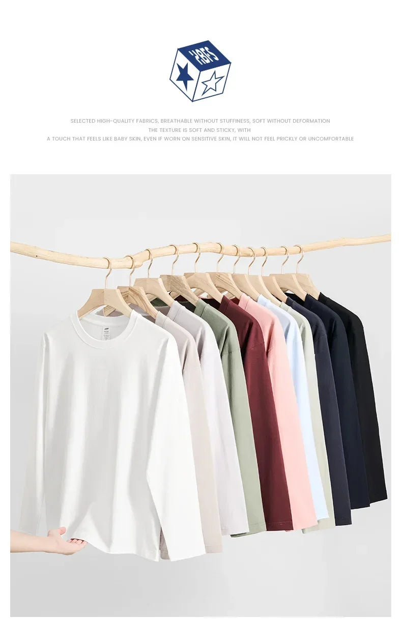 230G Men T Shirts Pure Combed Cotton Heavy Round Neck Solid Color Long-sleeved Men's T-shirt Loose Bottoming Shirt Tops For Male