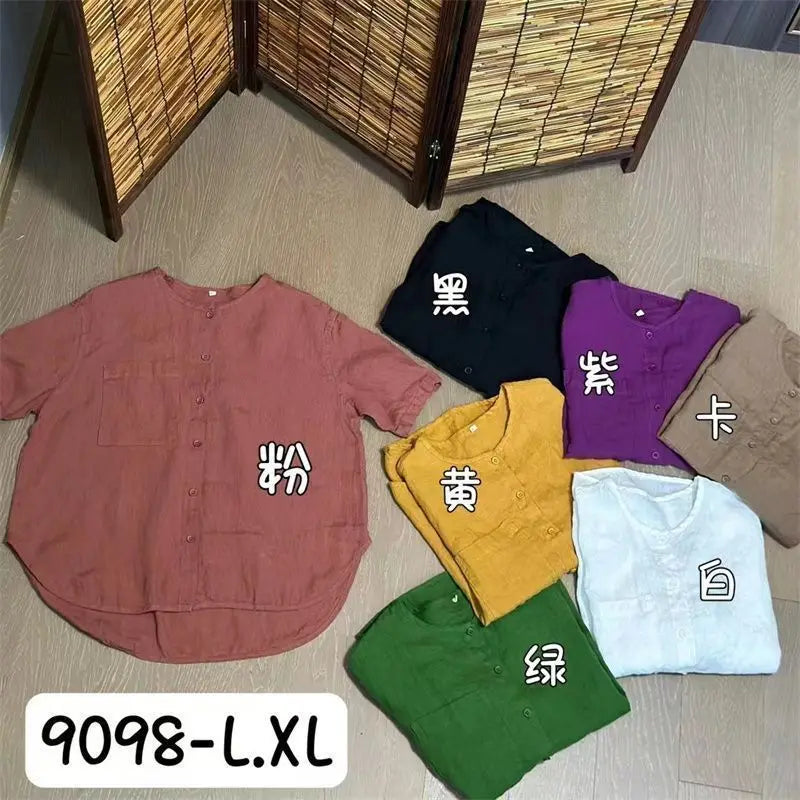 Chiffon Cotton Linen round Neck T-shirt Women Summer New Vintage Art Loose Shirt  Open Cardigan Top 2025 Short Shirt For Women