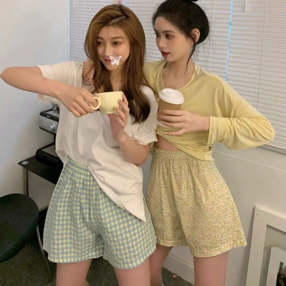 Women's High Waist Summer Shorts Floral Print Lounge Pants Loose Wide Leg Comfy Stretchy Elastic Waist Casual Athletic Home Slee