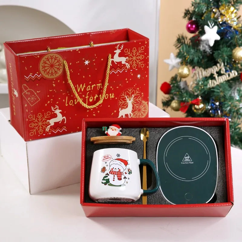 Christmas gift set: 55-degree warm ceramic cup with lid, Santa Claus mug, office coffee cup