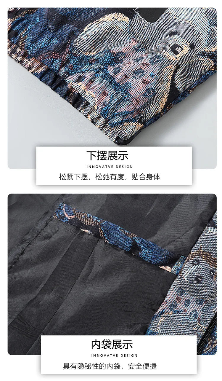 Vintage flower bear pattern Patchwork Windbreaker Men Jackets Autumn Hip Hop Streetwear Zip Up Casual Outerwear Jackets Clothes