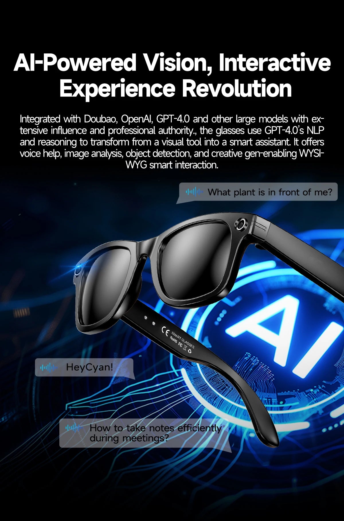 New Camera Glasses 800w Pixel 4K UHD Camera Recording Noise Reduction Ai Recognition Translation Anti Blue Light Smart Glasses