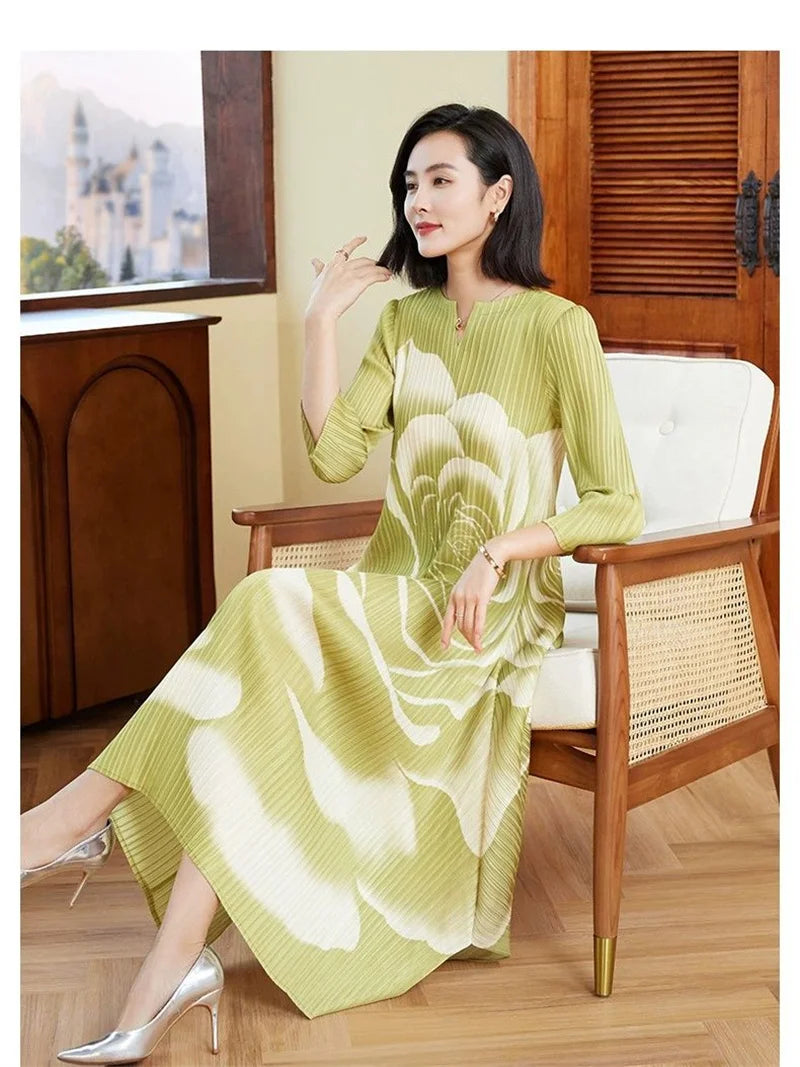 Women's Dress Womens Dresses Elegant and Peony Flower Print Cropped Sleeve Pleated Loose Dress Women's Miyake Round Neck Dress