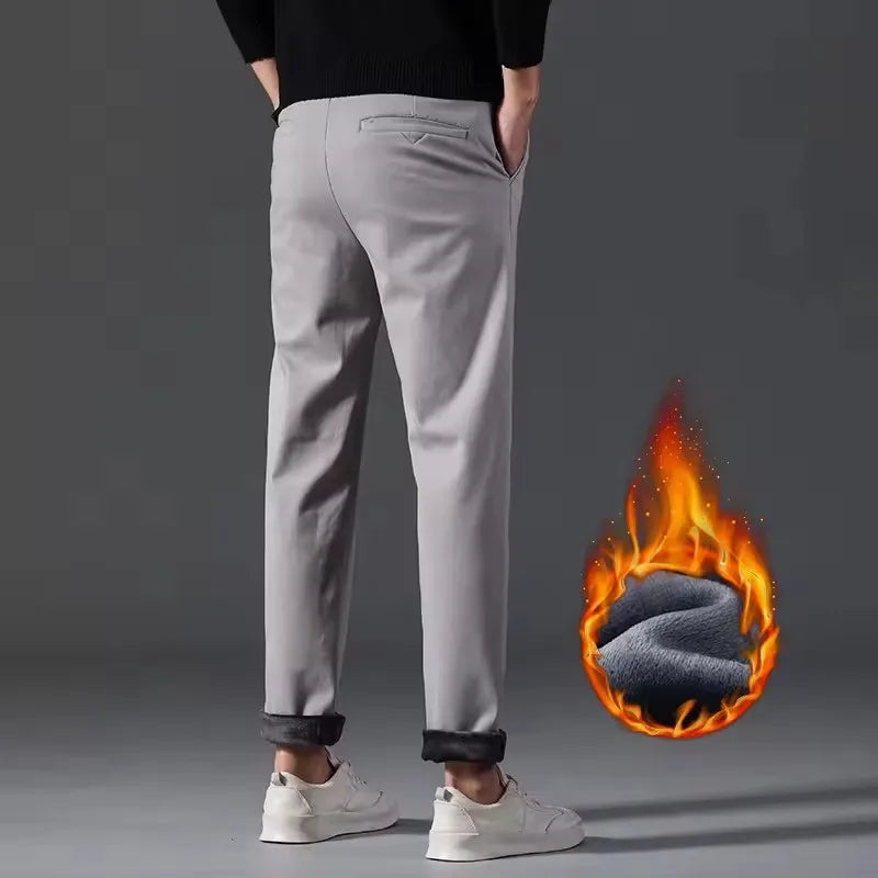New Winter Mens Clothing Warm Casual Pants 98% Cotton Fleece Straight Business Thicken Men Pants Stretch Classic Velvet Trousers