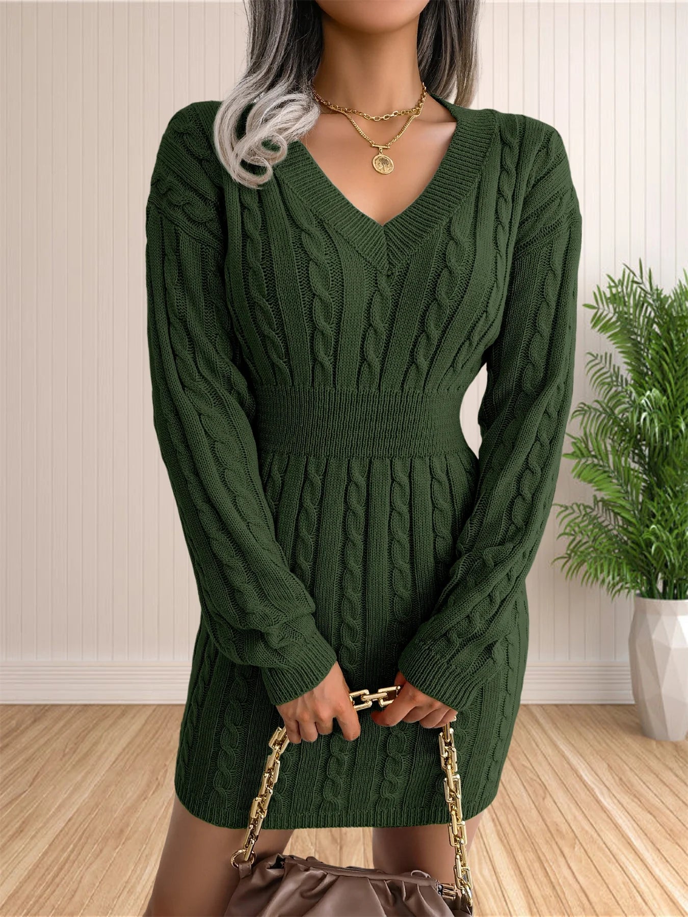 Women Sweater Dresses Cocktail V Neck Knitted Dress Sweater Sheath Dress