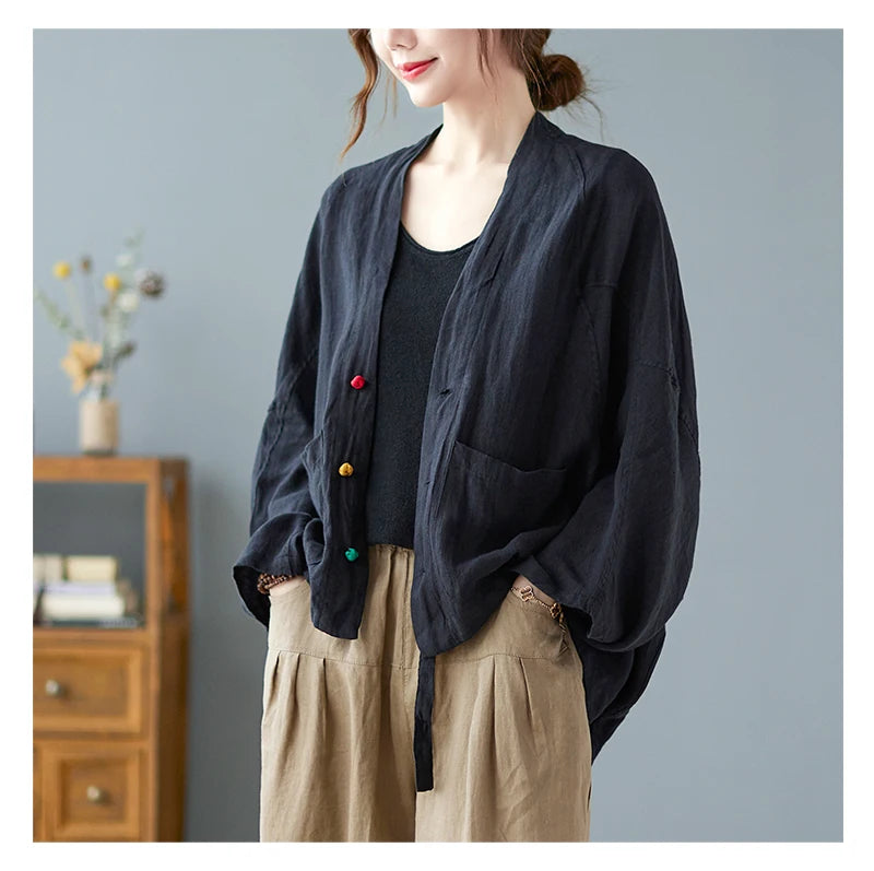 Women Long Sleeve Jackets New 2022 Autumn Vintage Style All-match Loose Comfortable Cotton Linen Female Casual Coats B2100