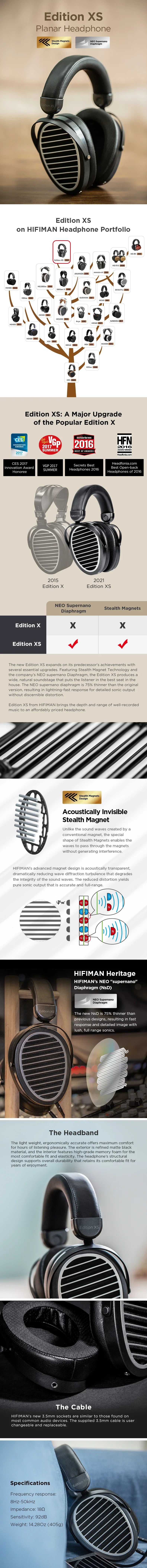 HIFIMAN Edition XS Hi-Fi Headphones Full-Size Over-Ear Open-Back Planar Magnetic with Adjustable Stealth Magnets Design