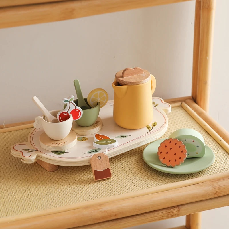 Kids Wooden Montessori Toys Afternoon Tea Set Pretend Play Kitchen Food Learning Role Play Game Baby Early Educational Toys Gift