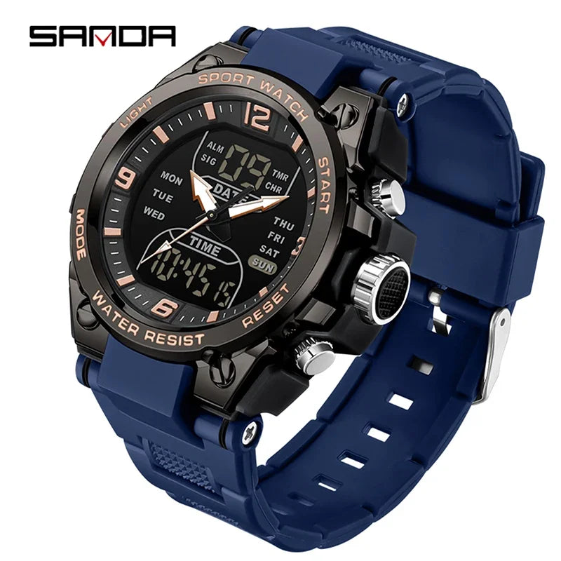 SANDA New Fashion Men Watch Multifunctional Outdoors Sports Waterproof Wristwatch LED Luminous Electronic Digital Men Watches