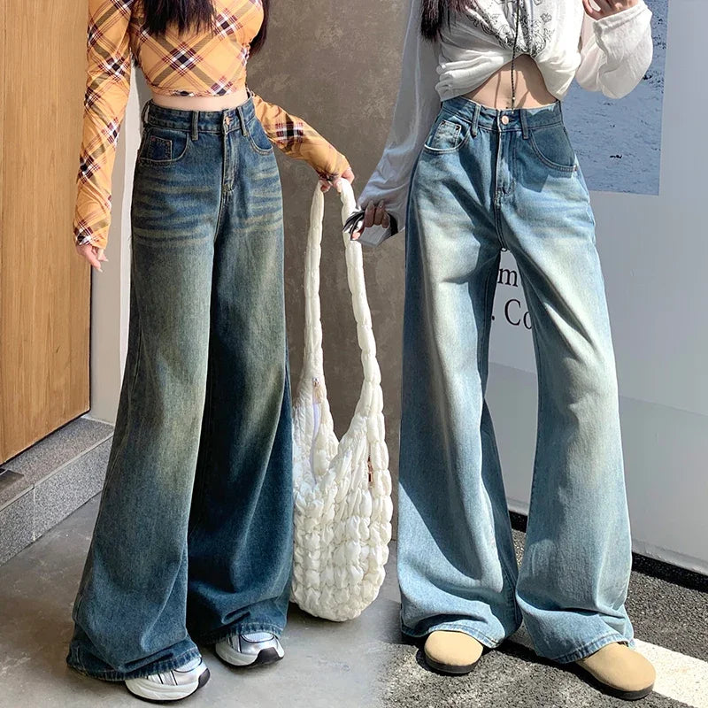 Women's Jeans Denim Pants 2025 Euramerican High Waist Girl Style Jean Trousers Colorful Straight Leg Wide Leg Pants