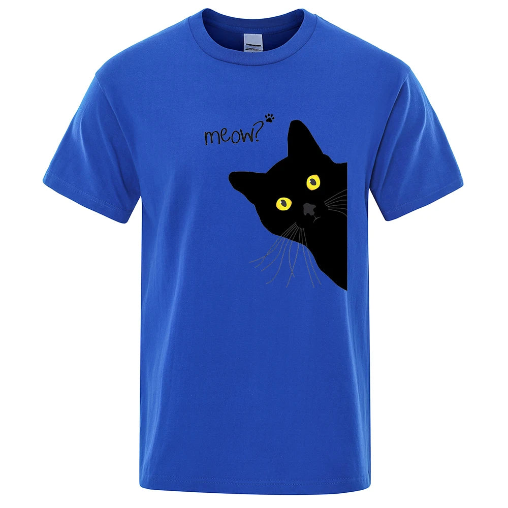 Meow Black Cat Funny Printing Men T-Shirts Breathable Tee Clothes Summer Streetwear Tops Unisex Loose Cotton Short Sleeve