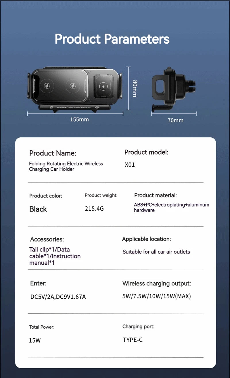 15W Universal Car Phone Wireless Charger Holder 360° Rotation Mount for Samsung Galaxy Fold 6 5 4 3 Z Flip S25 S24 Iphone 16 15