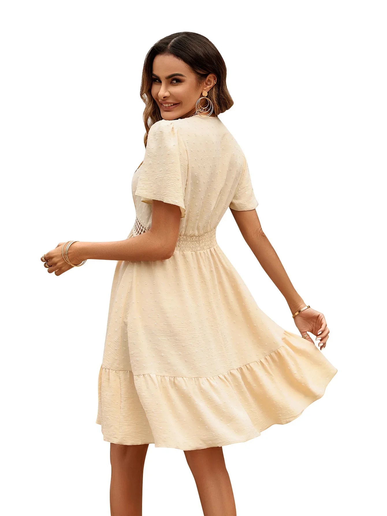 Summer Womens Dresses 2025 Solid Color V-neck Waist Ruffle Sleeve Knee Length Swing elegant party Dress Casual Holiday Vestidos