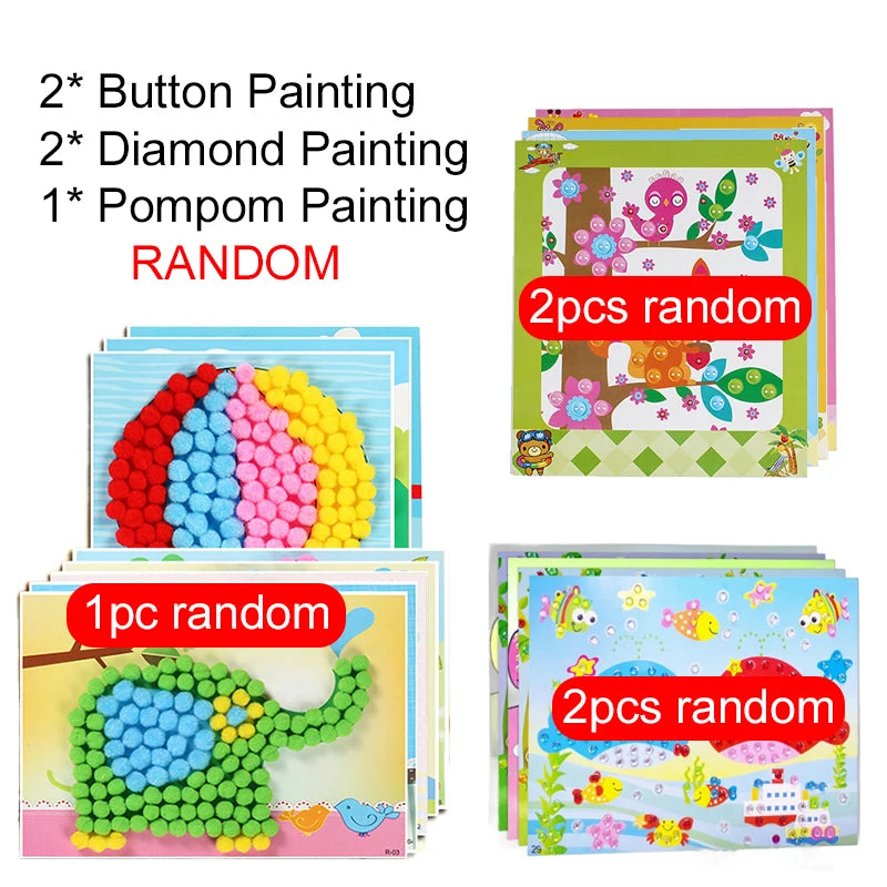 Children DIY Stickers Toys Button/Pompom/Diamond Early Education Kids Puzzle Handmade Creative Painting 3-6 Years Old Gifts TMZ