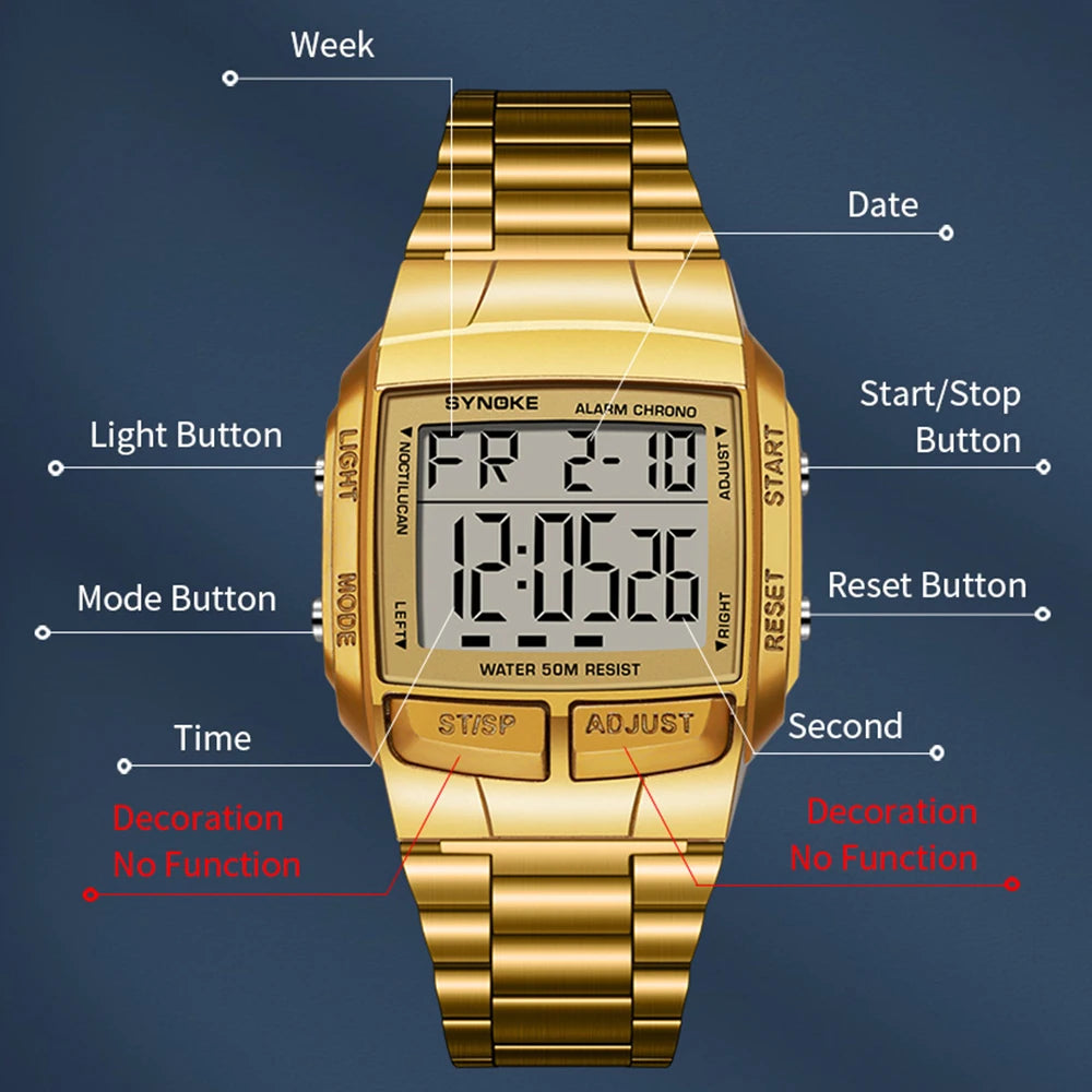 Mens Sports Digital Waterproof Watch, Multifunctional Wrist Watches For Men, Plastic Case Alloy Strap