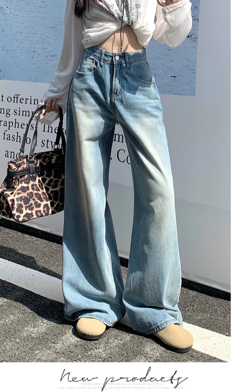 Women's Jeans Denim Pants 2025 Euramerican High Waist Girl Style Jean Trousers Colorful Straight Leg Wide Leg Pants