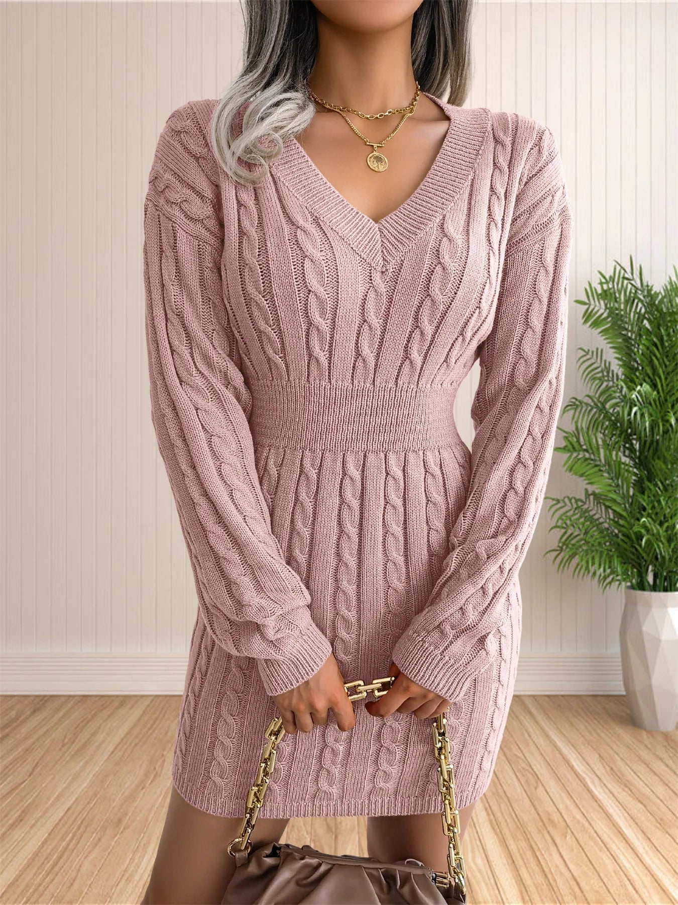 Women Sweater Dresses Cocktail V Neck Knitted Dress Sweater Sheath Dress