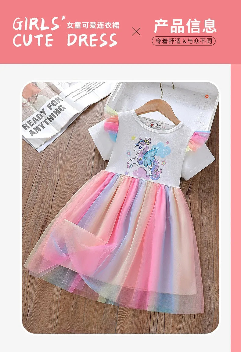 Unicorn Girls Dress New Kids Clothes Summer Short sleeve TuTu Princess Dresses Party Baby Dresses for Children Rainbow 2-8Y