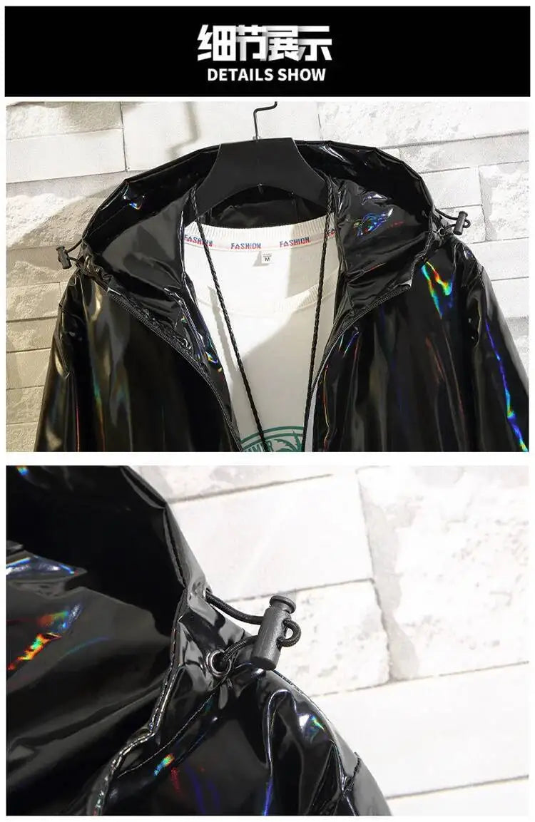 #4201 Black Sliver Shinny Jacket Men Bomber Jacket Korean Style Hip Hop Jacket Slim Men Jackets And Coats Streetwear Hooded Coat
