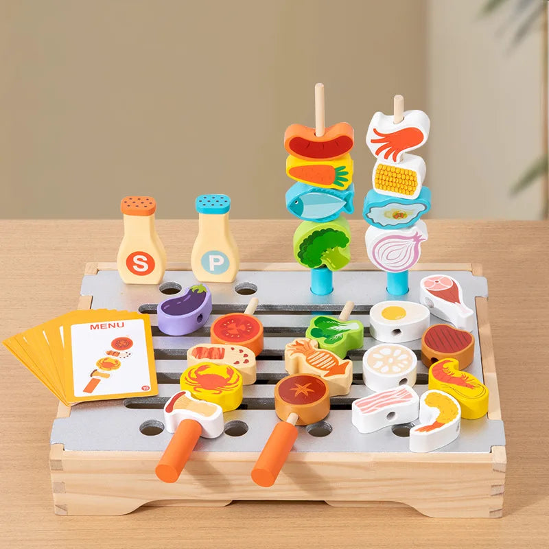Wooden Kitchen Toys Set for Kids,Pretend Cooking Food Playset-BBQ Grill Toy with Food & Kitchen Toy Accessories Fine Motor Toys