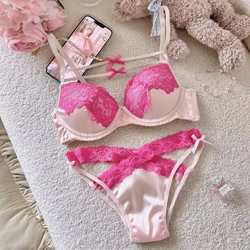 Women Underpants Low Waist Mesh Hollowed Bow Panties and Bra Set Breathable Briefts Lace Push Transparent Lingerie