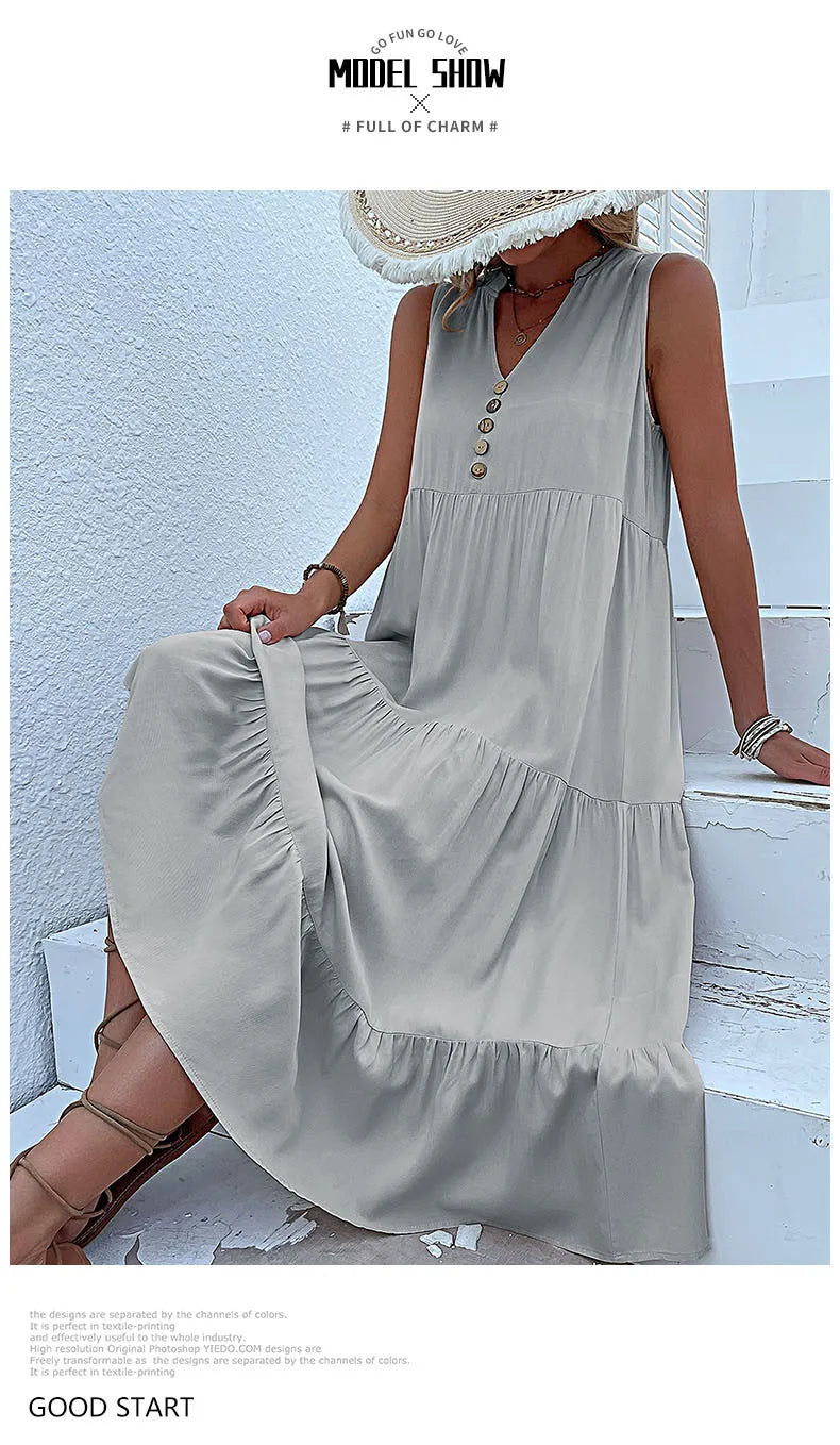Dresses for Women 2025 Summer V-neck Single-breasted Vest Dress Sleeveless Loose Casual Solid Color Dress Vestidos De Mujer