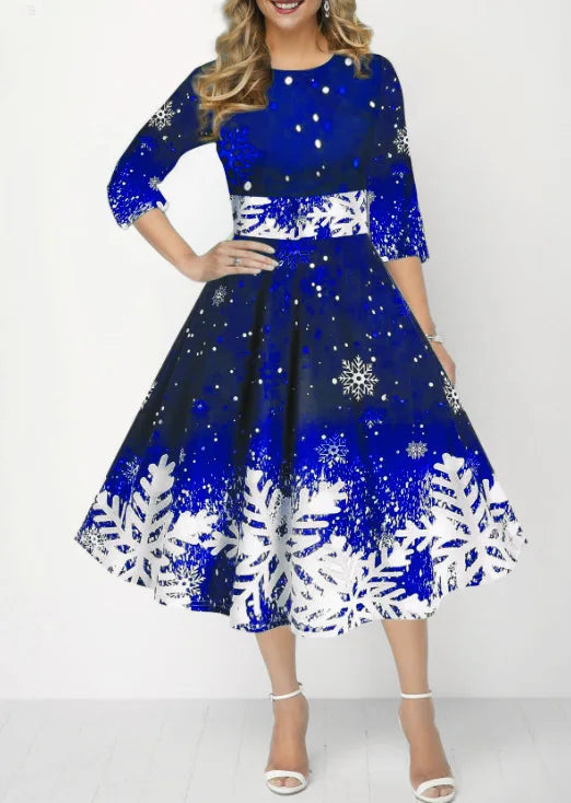 Winter Christmas Dresses Women Vintage Robe Swing Elegant Half Sleeve Casual Print Party Dress