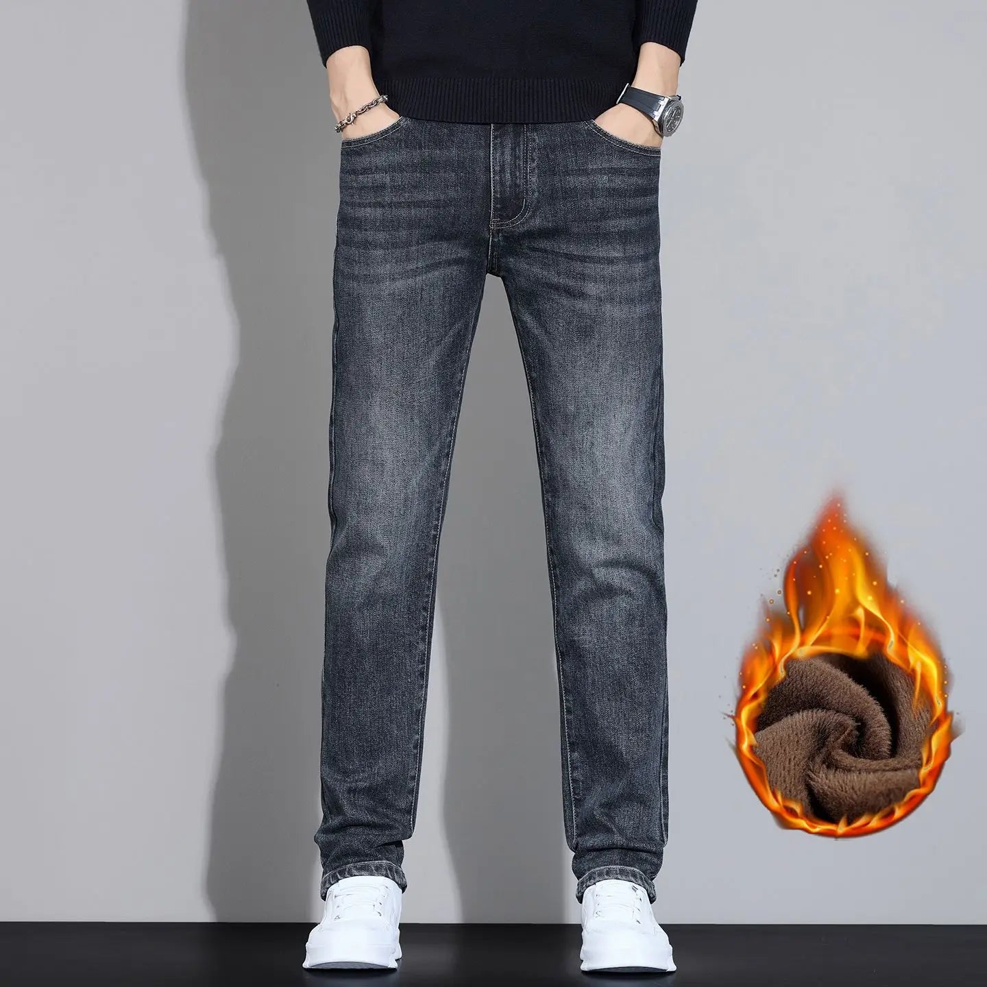 Fleece Thermal Autumn Winter Denim Jeans for Men Pants Warm Thicken Straight Stretch Clothing Fashion Street Causal Denim Pants