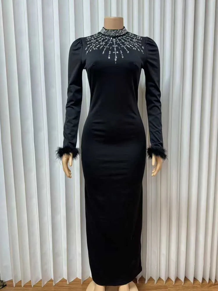 Elegant Black Evening Dresses for Women Autumn Clothes Dress  Round Collar with Diamonds Elegant Chic Bodycon Dress Long Sleeve