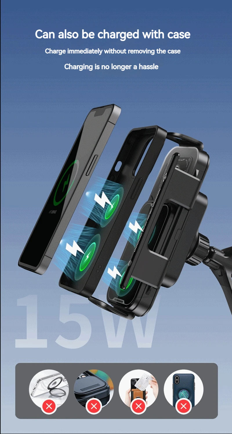 15W Universal Car Phone Wireless Charger Holder 360° Rotation Mount for Samsung Galaxy Fold 6 5 4 3 Z Flip S25 S24 Iphone 16 15