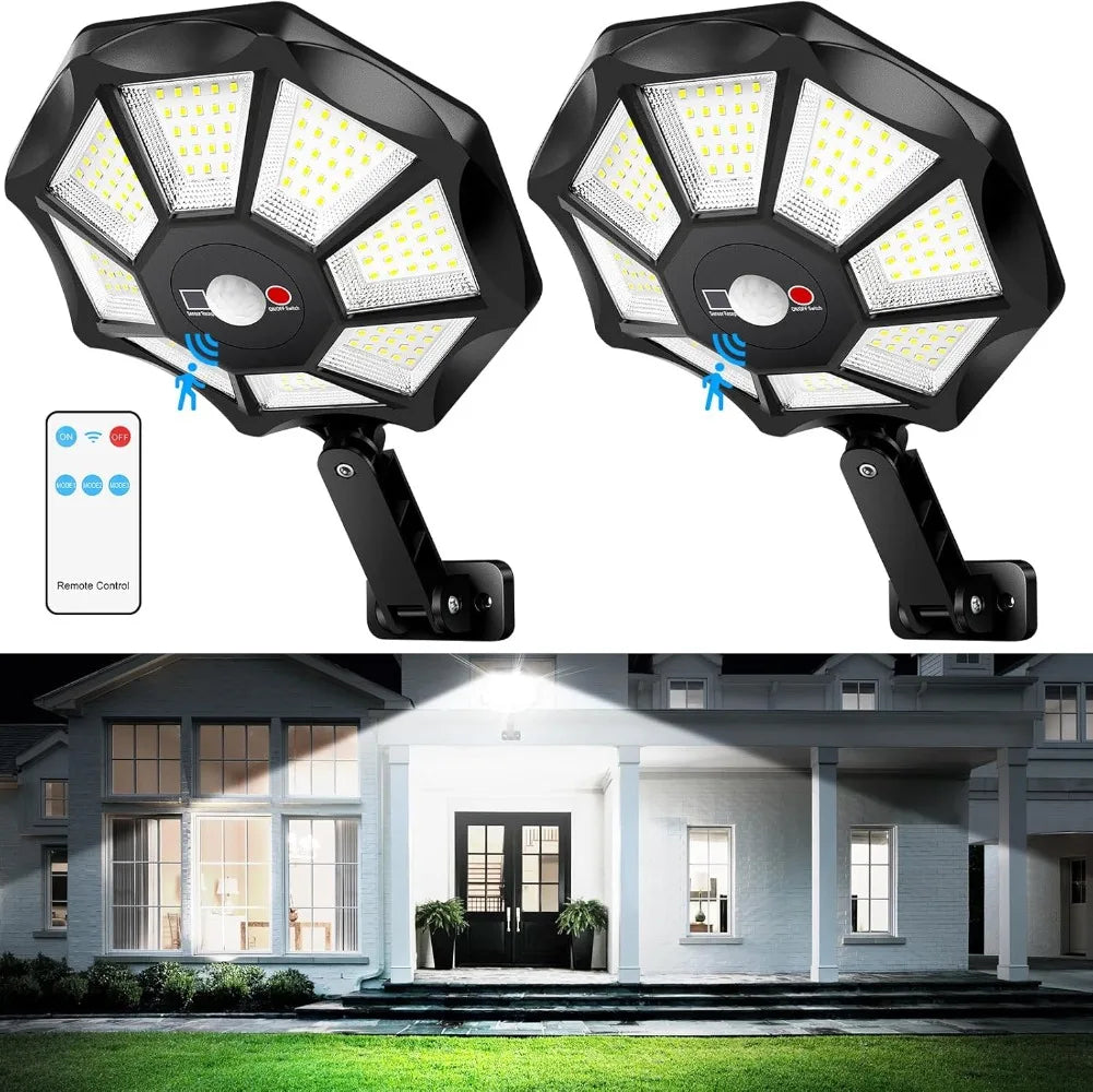 Solar Powered Street Light with Remote Motion Sensor Solar Outdoor Lights 6500K 168 LED Flood Lights for Outside Parking Yard
