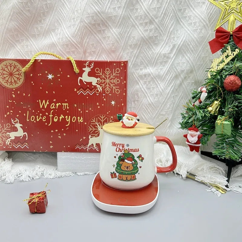 Christmas gift set: 55-degree warm ceramic cup with lid, Santa Claus mug, office coffee cup