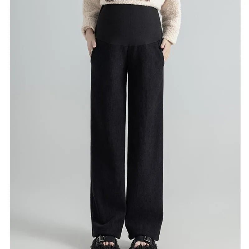 Pregnant Women Pants Autumn Winter Wear Corduroy Wide-leg Pants High-waisted Draped Casual Plus Size Lined Straight-leg Pants