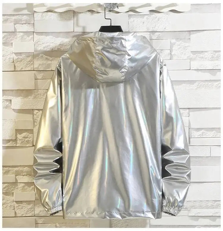#4201 Black Sliver Shinny Jacket Men Bomber Jacket Korean Style Hip Hop Jacket Slim Men Jackets And Coats Streetwear Hooded Coat
