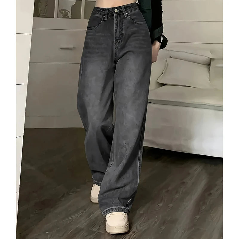Women Fashion Loose Jeans Female High Waist Streetwear Designer Wide Leg Trousers Female Classic Gray Goth Straight Leg Pants