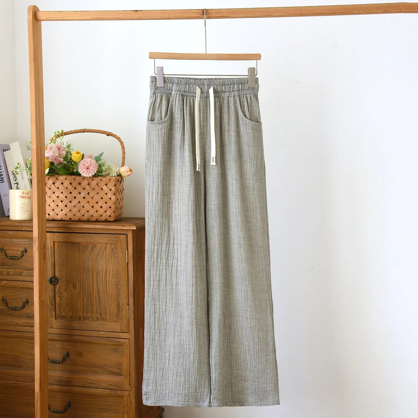 Summer Women Cotton Gauze Wide Leg Pants Casual Loose Elastic Waist Trousers with Pockets Solid Color Breathable Lounge Pants