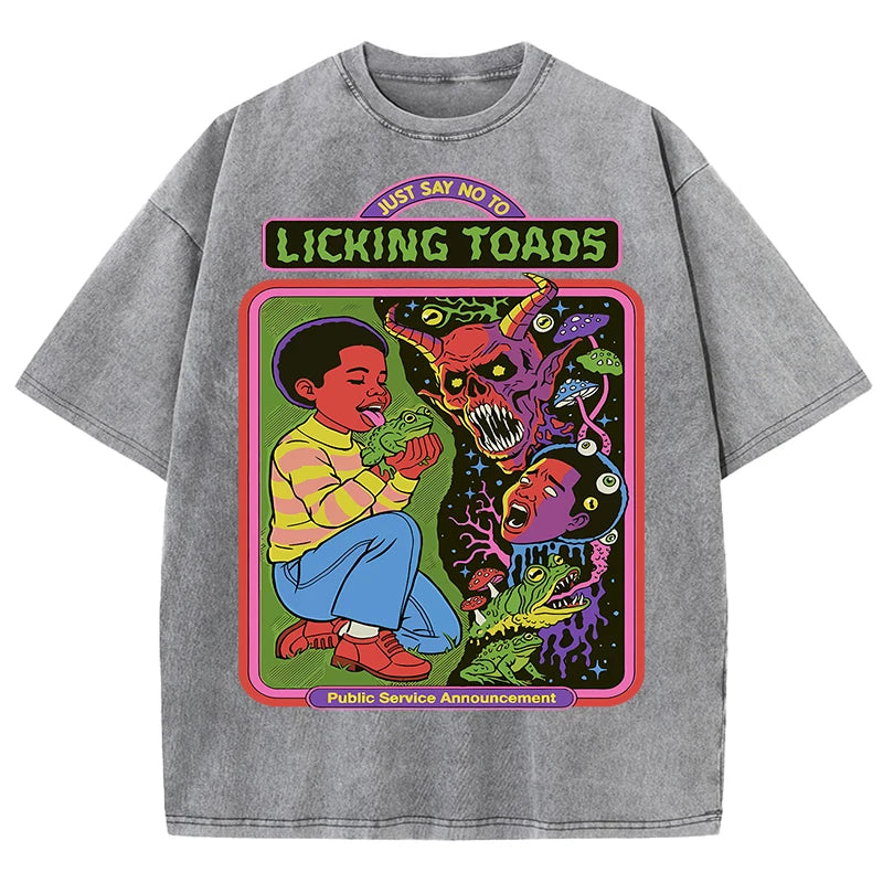 Licking Toads Printing Washed Men T Shirts Casual Stree Hip Hop Tees Breathable Soft Cotton Sport Loose Short Sleeve Unisex